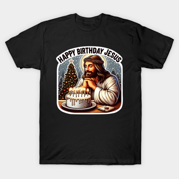 Happy Birthday Jesus Make A Wish Birthday Cake Christmas Trees Snowing T-Shirt by Plushism